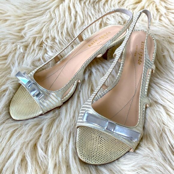 Kate Spade New York Leather Butter yellow Silver sandals bows mini heels Italy! - Picture 1 of 12